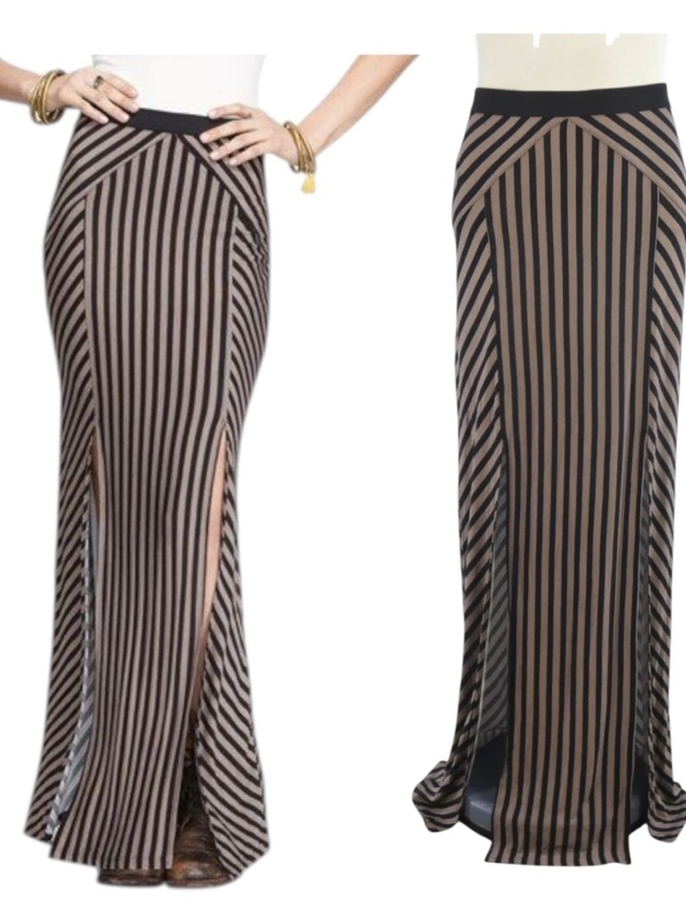 Free People Black and Taupe Striped Maxi Skirt with Front Slits